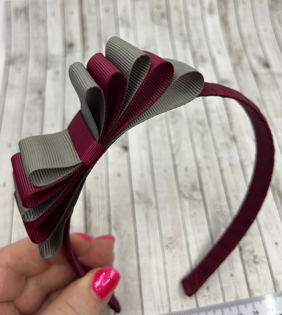 School Wine and Grey Hairband with 5 Layer Two-tone Straight Bow