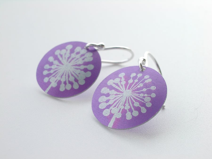Purple dandelion clock earrings