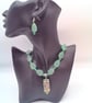 Green Flower Pattern Glass Rectangle on a Leaf & Round Bead Necklace & Earrings  - Image 5