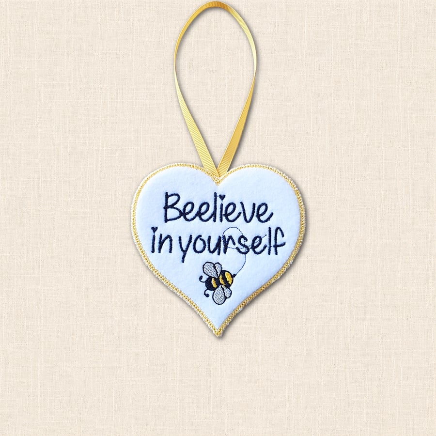 Beelieve in Yourself Bee Heart Hanger - Embroidered Felt Hanging Decoration