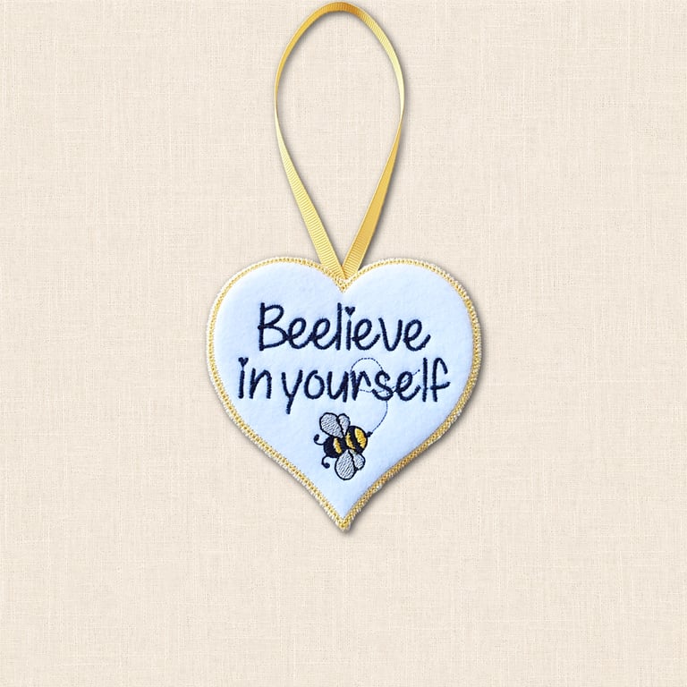 Beelieve in Yourself Bee Heart Hanger - Embroidered Felt Hanging Decoration