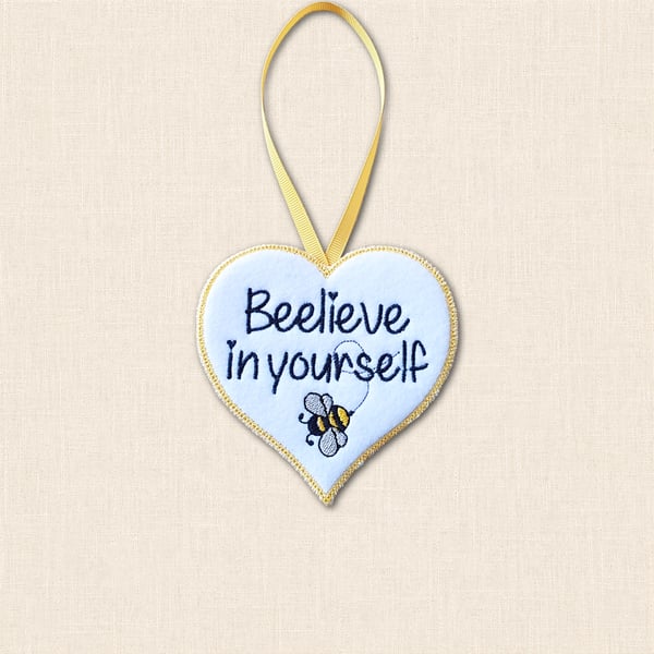 Beelieve in Yourself Bee Heart Hanger - Embroidered Felt Hanging Decoration