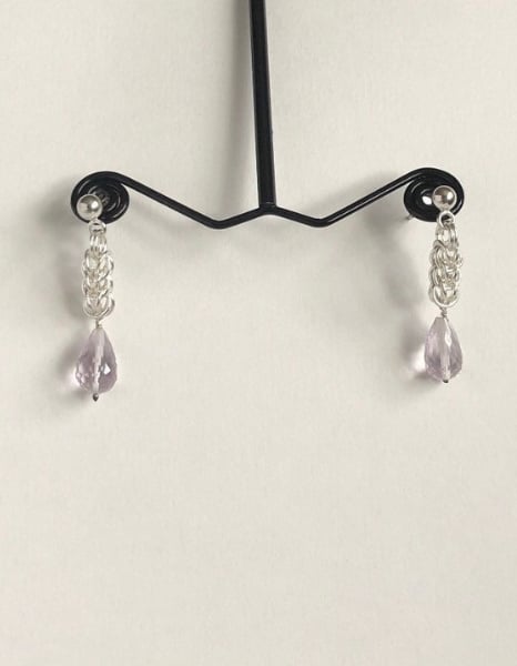 Faceted Light Amethyst Sterling Silver Earrings, with a Chainmaille Chain 