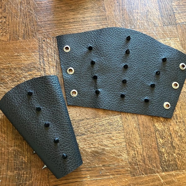 Small Pair of Spiked Black Leather Bracers - (sold with lacing)