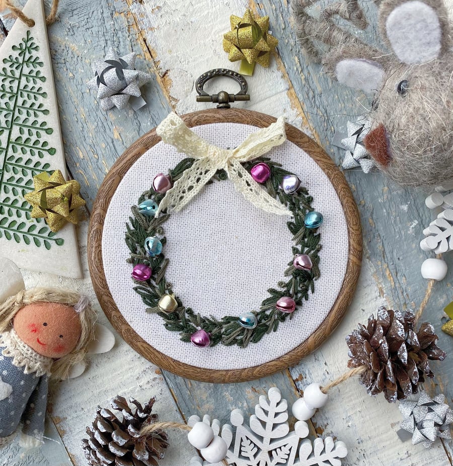 Pastel Christmas Wreath Embroidery Hoop Art