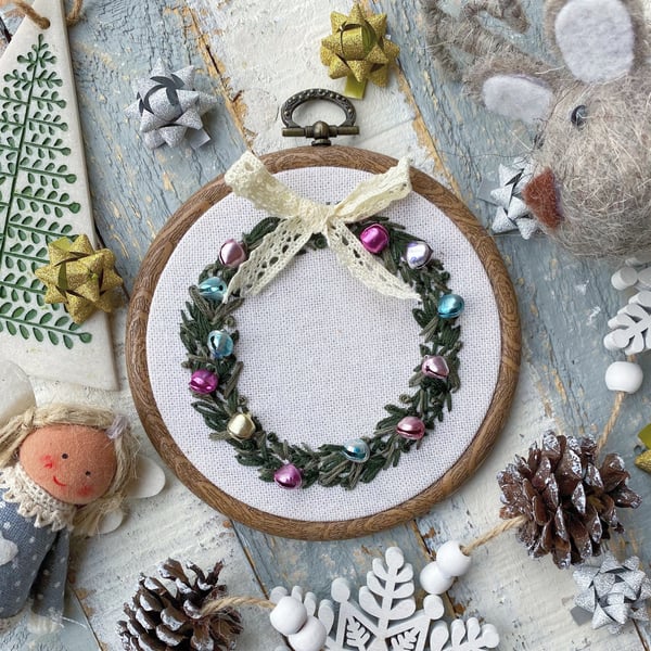 Pastel Christmas Wreath Embroidery Hoop Art