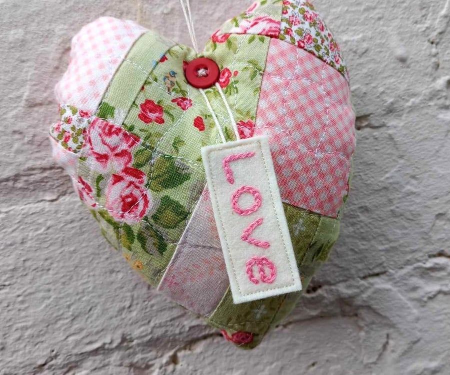 Patchwork heart keepsake - personalised with hand embroidered name or phrase