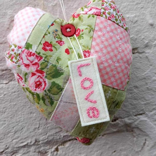 Patchwork heart keepsake - personalised with hand embroidered name or phrase
