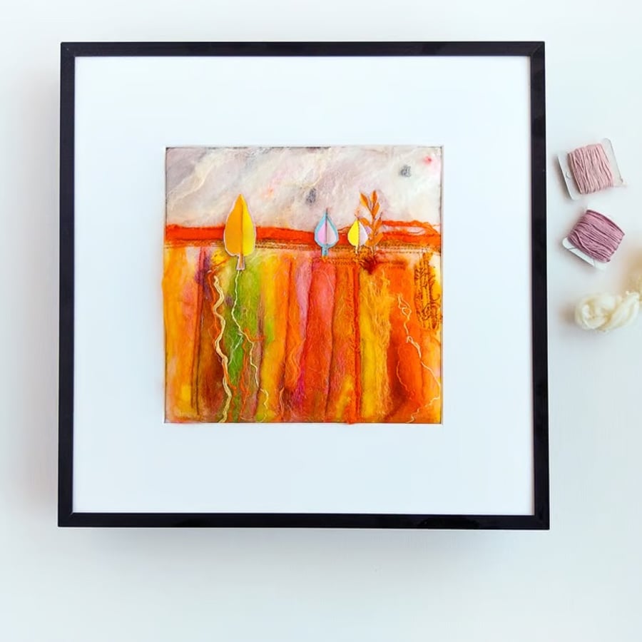 Felt and textile landscape, original framed art, named Bright fields