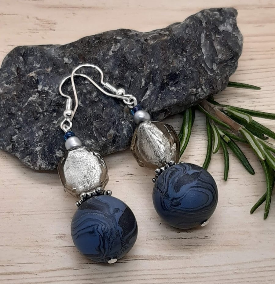 Handmade jewellery - Airforce blue and smoky grey dangly earrings