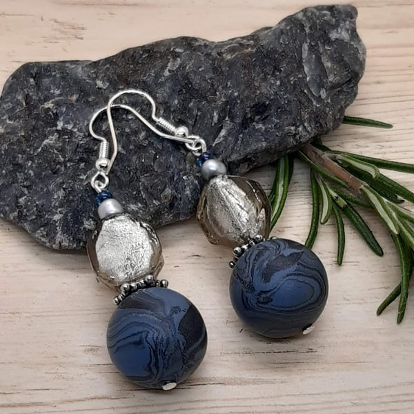 Handmade jewellery - Airforce blue and smoky grey dangly earrings