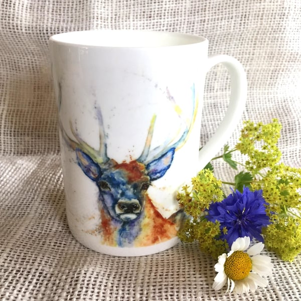 Stag Watercolour Bone China Mug, China Cup, Wildlife Art Mug by Watercolour Arti