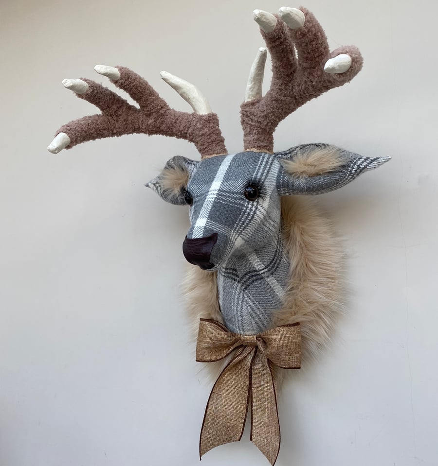 Handmade faux taxidermy stag tweed grey white plaid check deer head wall mount