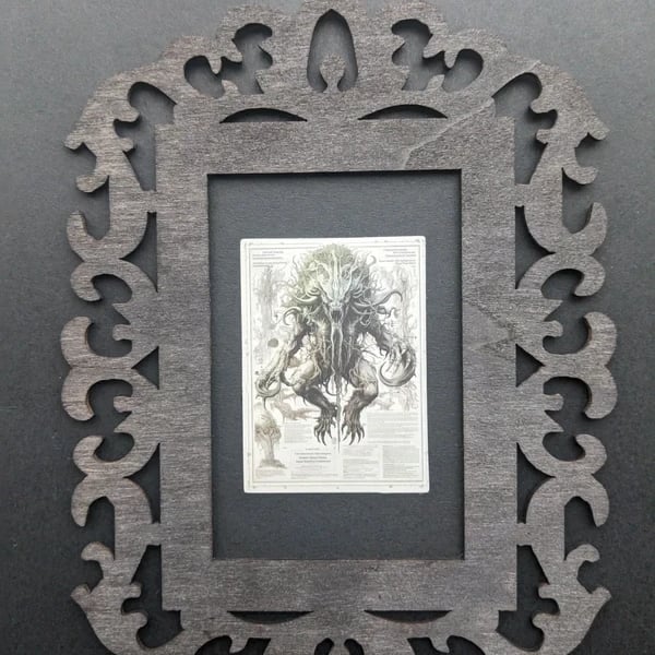 Gothic Laser-Cut Wooden Frame with Eldritch Fantasy Creature