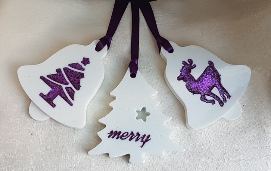 SALE - Set of 3 Resin Decorations - Glittery White and Purple