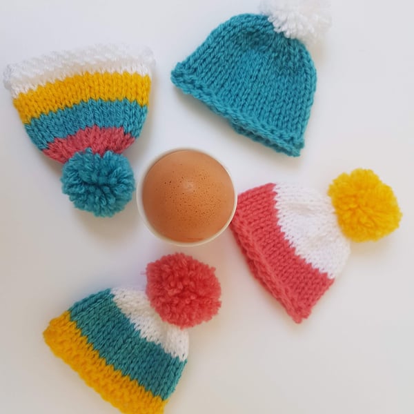 Hand-Knitted Easter Egg Cosies with Pom Pom - Set of 4