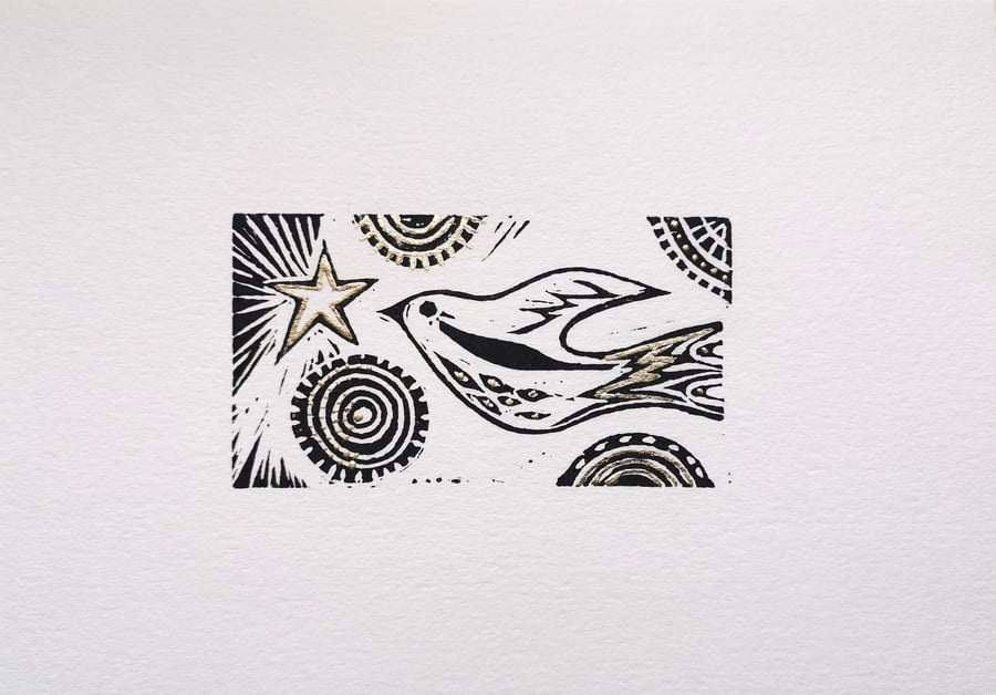 Star and Song bird original lino print in gold coloured metal leaf no.3