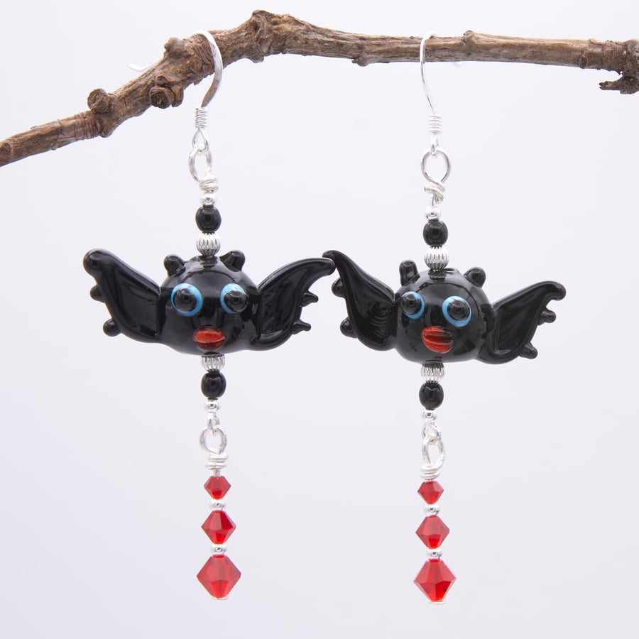 Halloween Bat Lampwork Bead and Crystal Sterling Silver Earrings