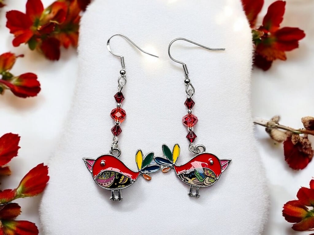 Robin earrings, bird earrings, enamel jewellery, boho jewellery