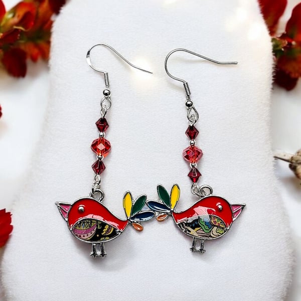 Robin earrings, bird earrings, enamel jewellery, boho jewellery