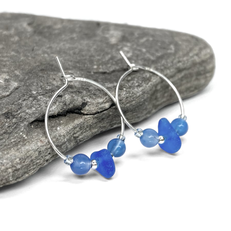 Blue Glass Hoop Earrings. Small Blue Sterling Silver Blue Onyx Beaded Hoops