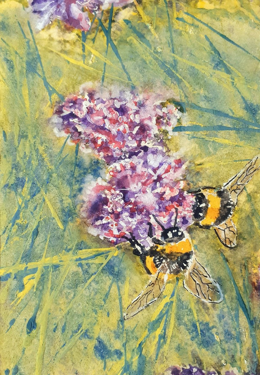  Pollinator Pals - bees verbena small watercolour gouache painting 120 x 175mm