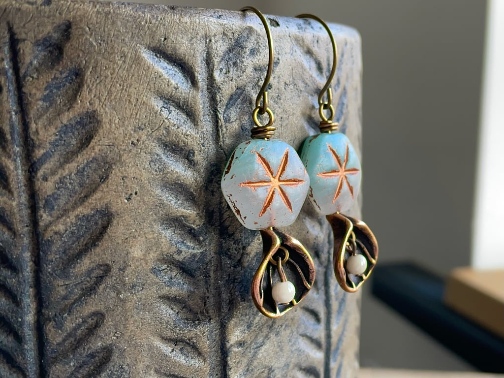 Czech Glass Earrings with Copper Seashell Charms. Summer Beach Style Jewellery