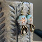 Czech Glass Earrings with Copper Seashell Charms. Summer Beach Style Jewellery