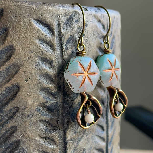Czech Glass Earrings with Copper Seashell Charms. Summer Beach Style Jewellery
