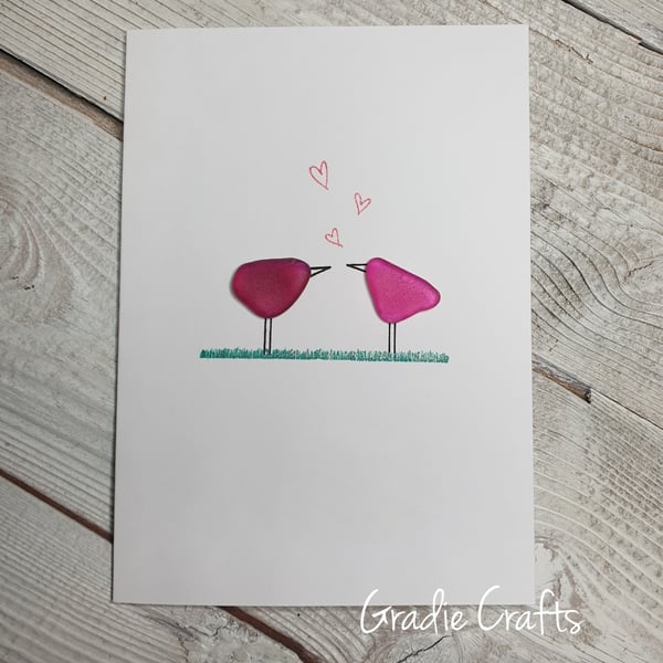 Hand Painted Welsh Sea Glass Pink Love Birds Card