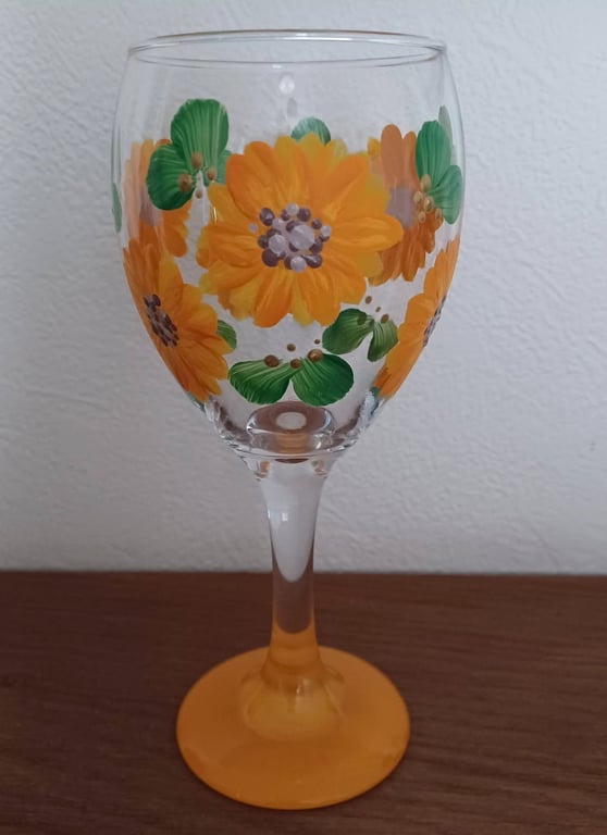Hand Painted Orange Sunflower Wine Glass