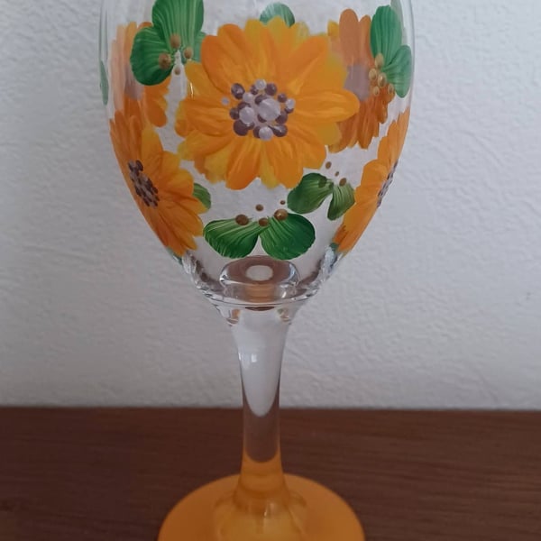 Hand Painted Orange Sunflower Wine Glass