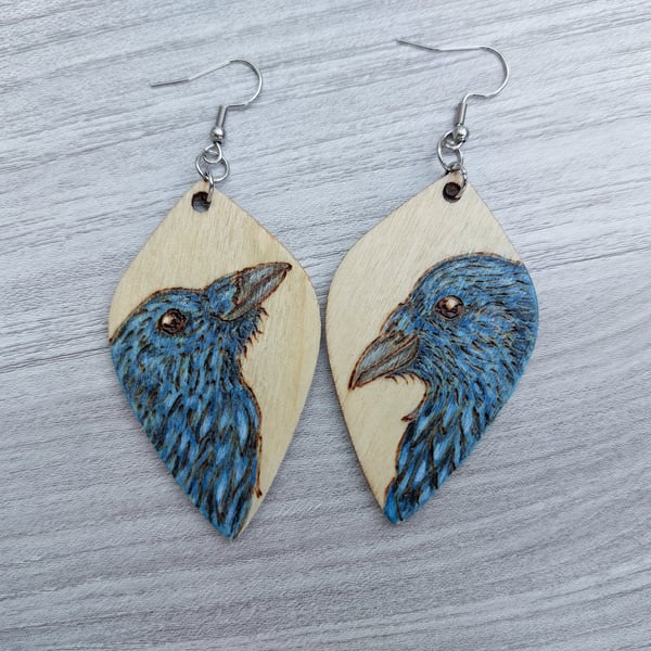 Mismatched OOAK Wooden Crow Earrings. Ideal gift for corvid lovers.