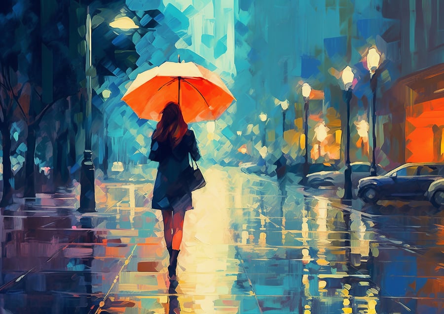 Rainy Solitude - Urban Cityscape with Rain & Umbrella Art Print 5x7 