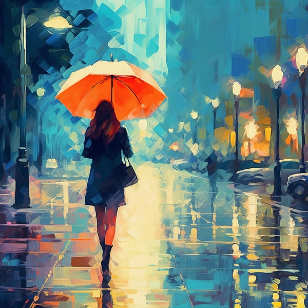 Rainy Solitude - Urban Cityscape with Rain & Umbrella Art Print 5x7 