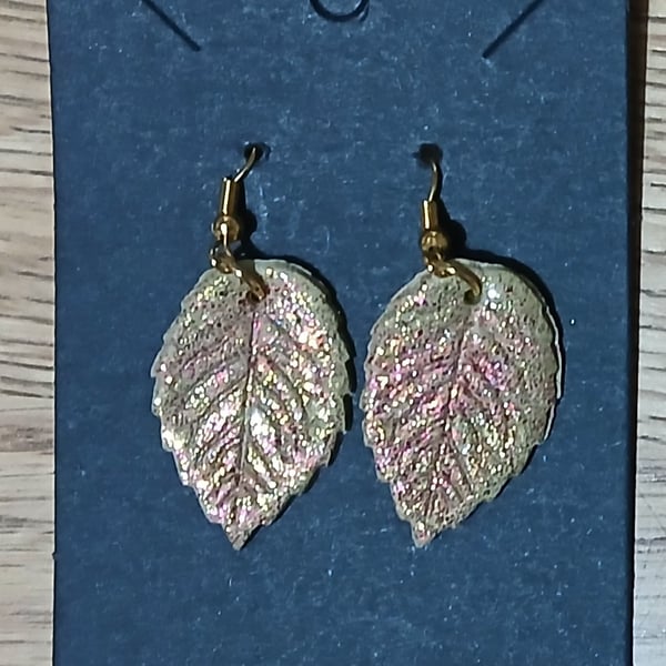 EARRINGS Leaf Design Brown with Glitter finish on Fish Hook fixings 