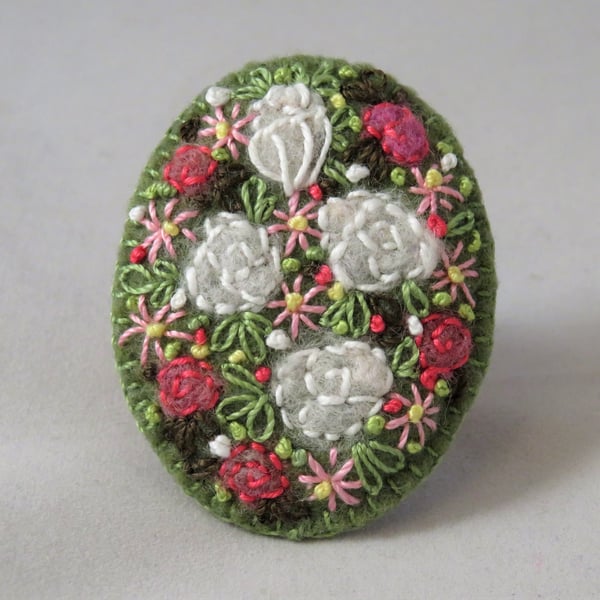 Pink and White Roses Felted and Embroidered Brooch