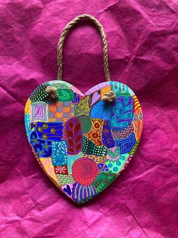 Up cycled multi coloured doodle heart 