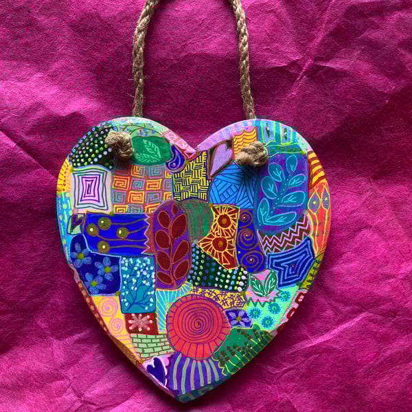 Up cycled multi coloured doodle heart 
