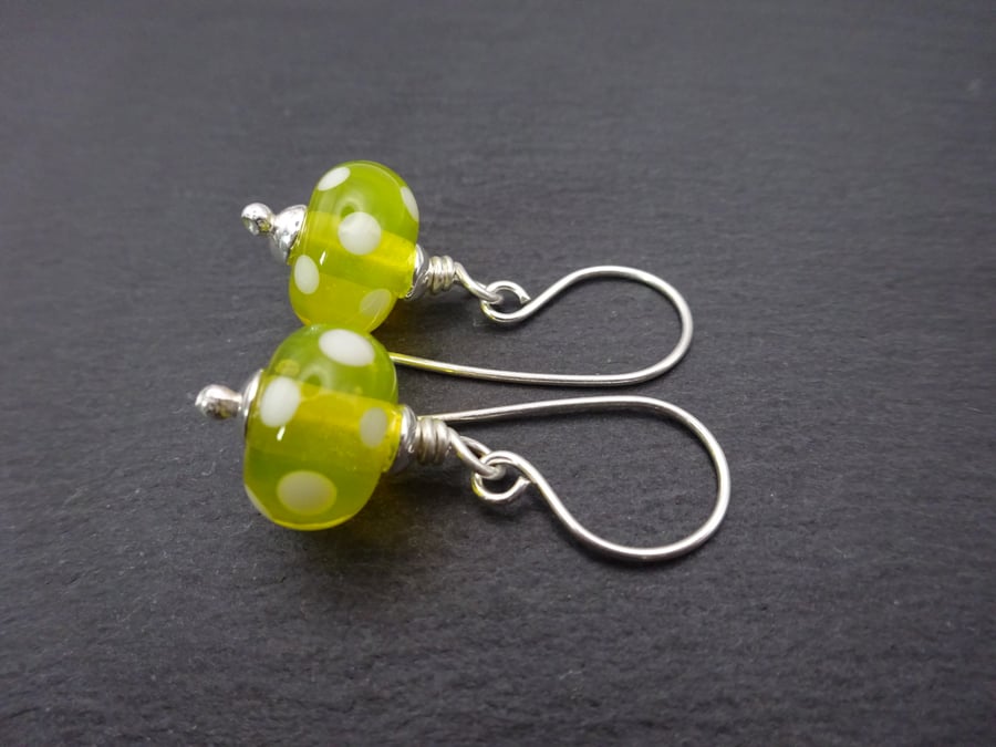 lampwork glass earrings, yellow polka dot
