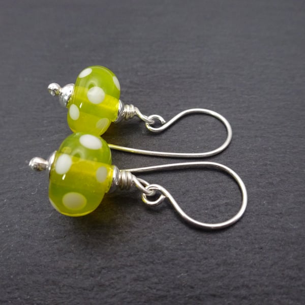 lampwork glass earrings, yellow polka dot