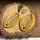 Pair of Handmade ceramic earring leaf shaped beads brown