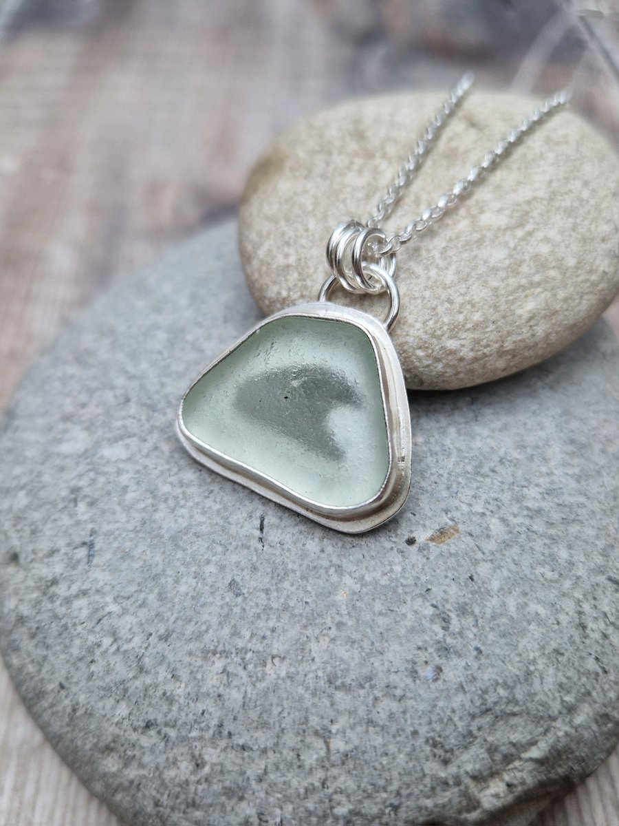 Sterling Silver Pale Green Sea Glass Pendant Necklace with Wave Cut Out