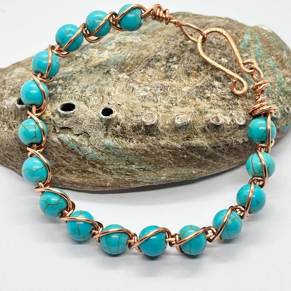 Turquoise & Copper Wire Wrapped Bangle