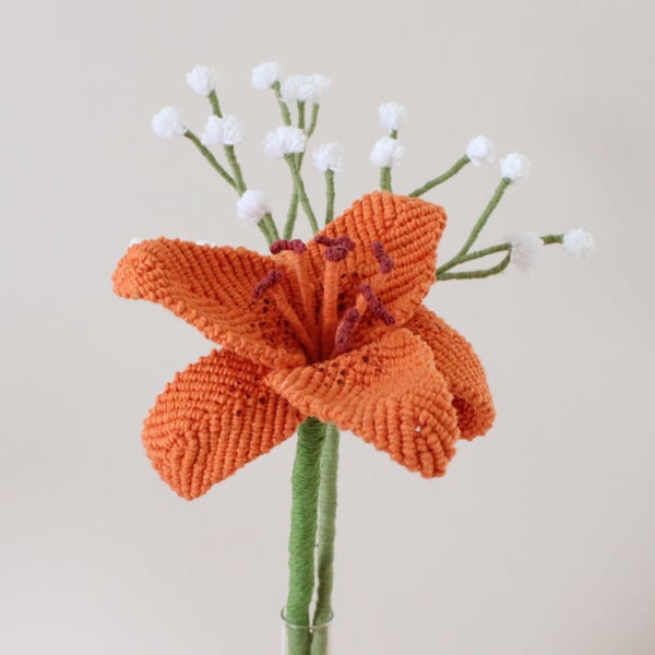 Single stem lily, macrame flower, orange lily, gifts for her