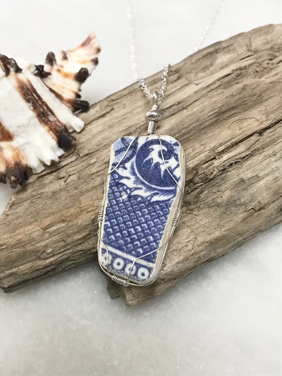 Sea pottery blue and white necklace with sterling silver 