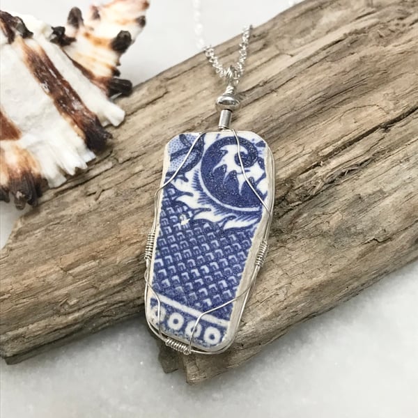 Sea pottery blue and white necklace with sterling silver 