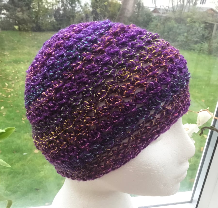 Purple Tones Rainbow Beanie or Soft Beret Crocheted Hat in Denys Brunton Yarn.