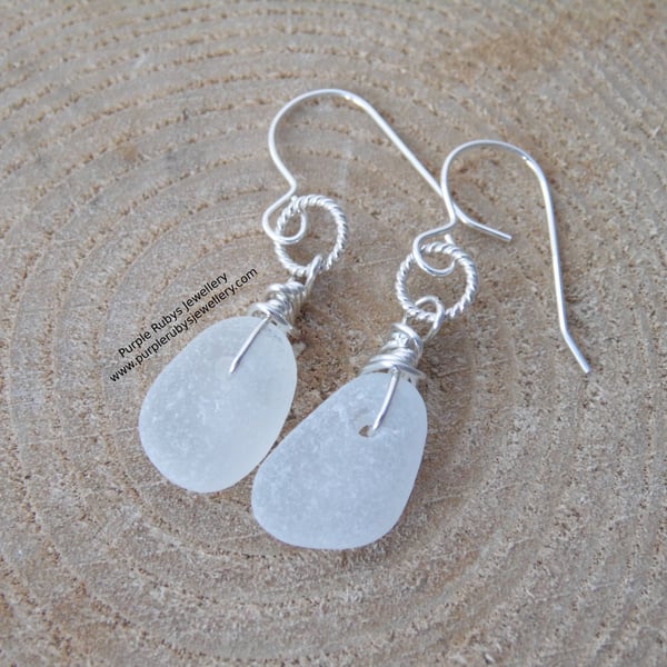 Pure White Cornish Mermaid Tear Earrings on Rope Rings, Sterling Silver E573