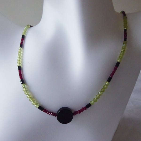 Peridot Ruby and Onyx Necklace with Sterling Silver fittings